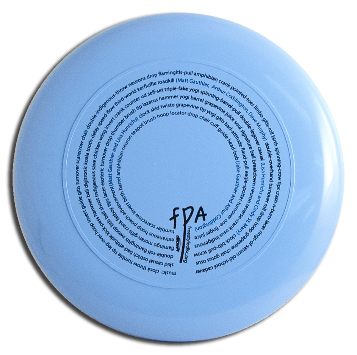 Discraft Sky-Styler FPA 2014 Design. Shows top view of blue disc.