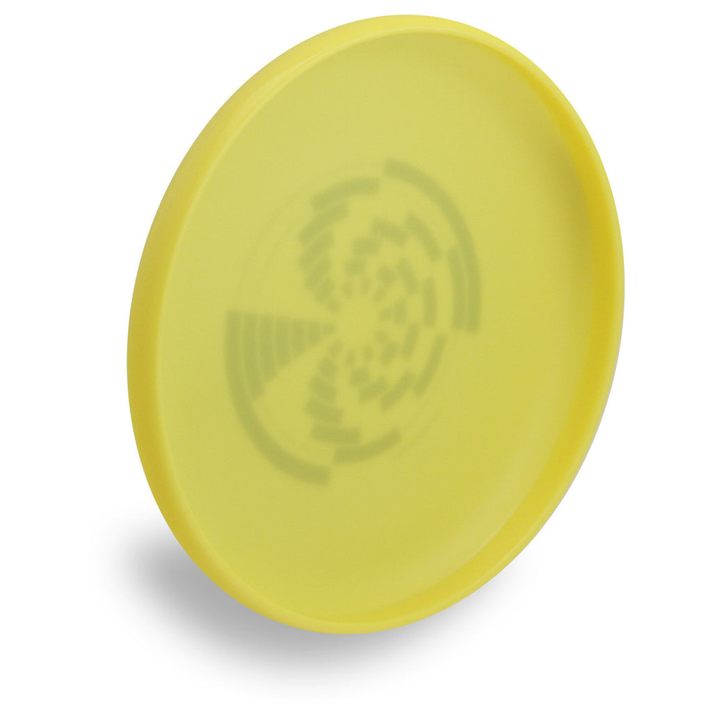 Wham-O 100 Mold FPA 2017 Design. Shows angled bottom view of a yellow disc.