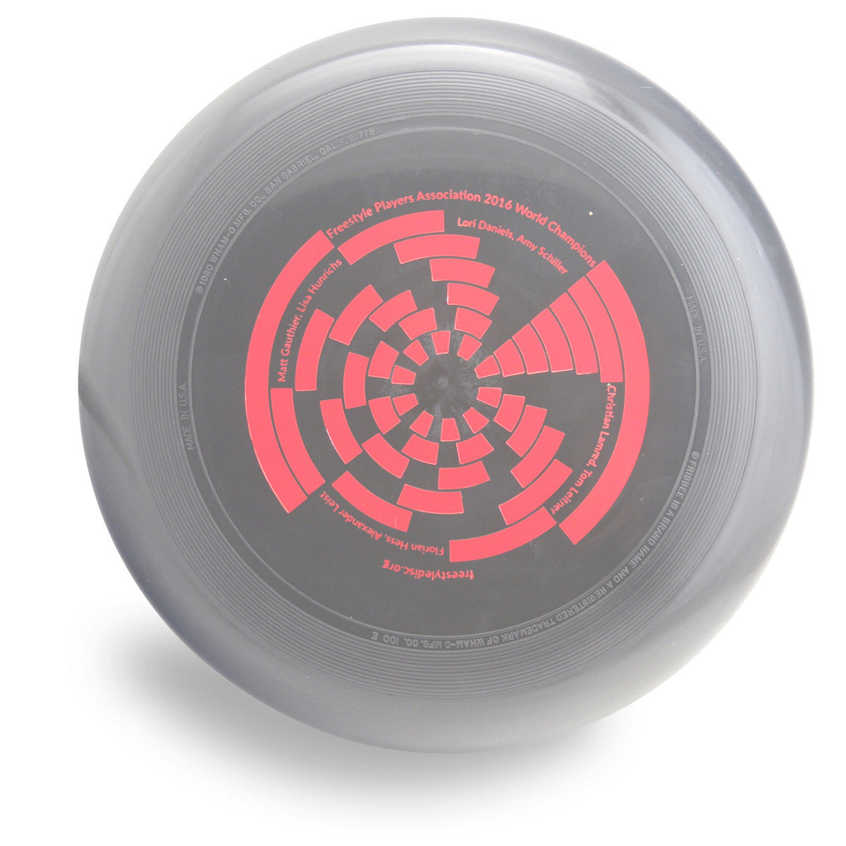 Wham-O 100 Mold FPA 2017 Design. Shows top view of a black disc.