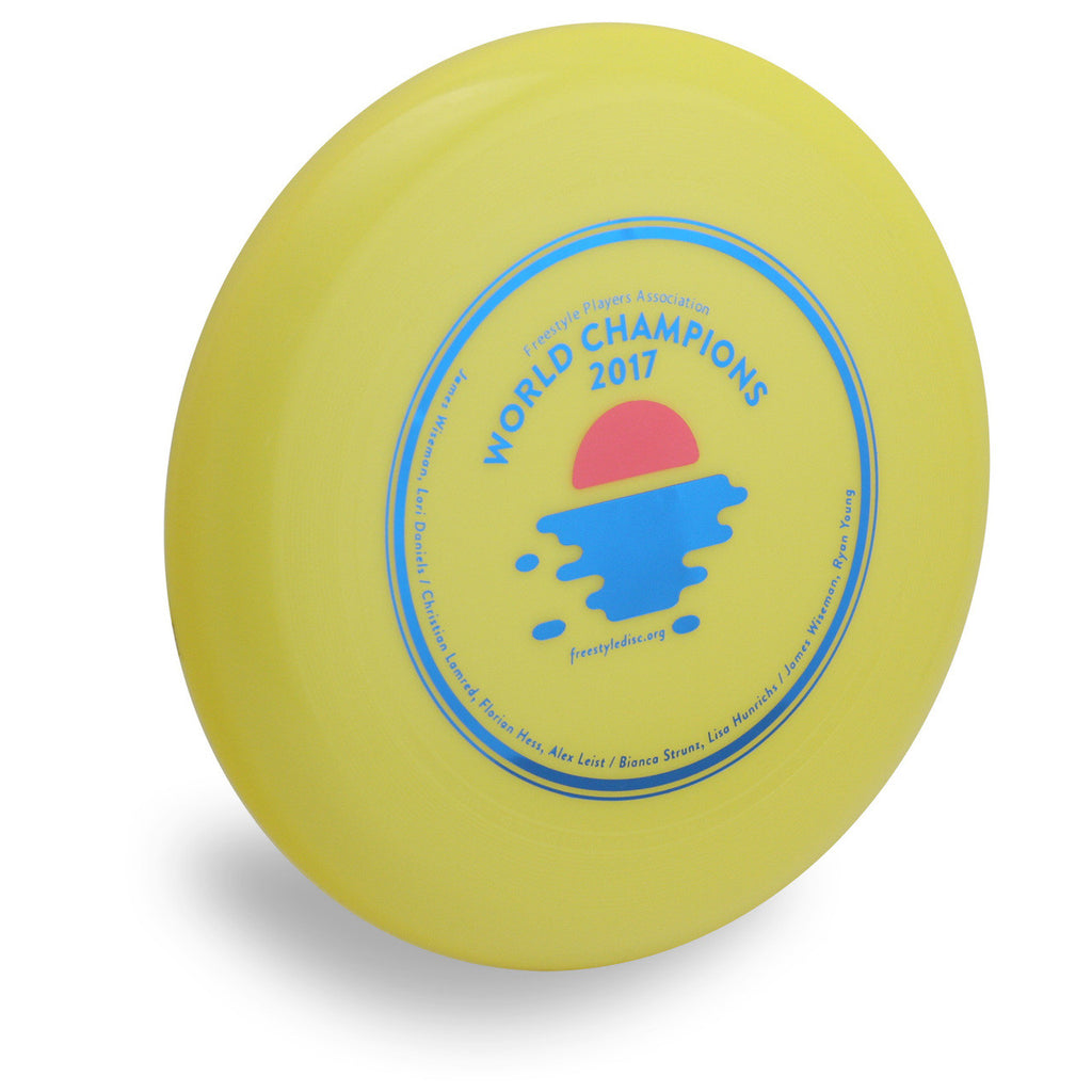Wham-O 100 Mold FPA 2018 Design. Shows top view of a yellow disc.