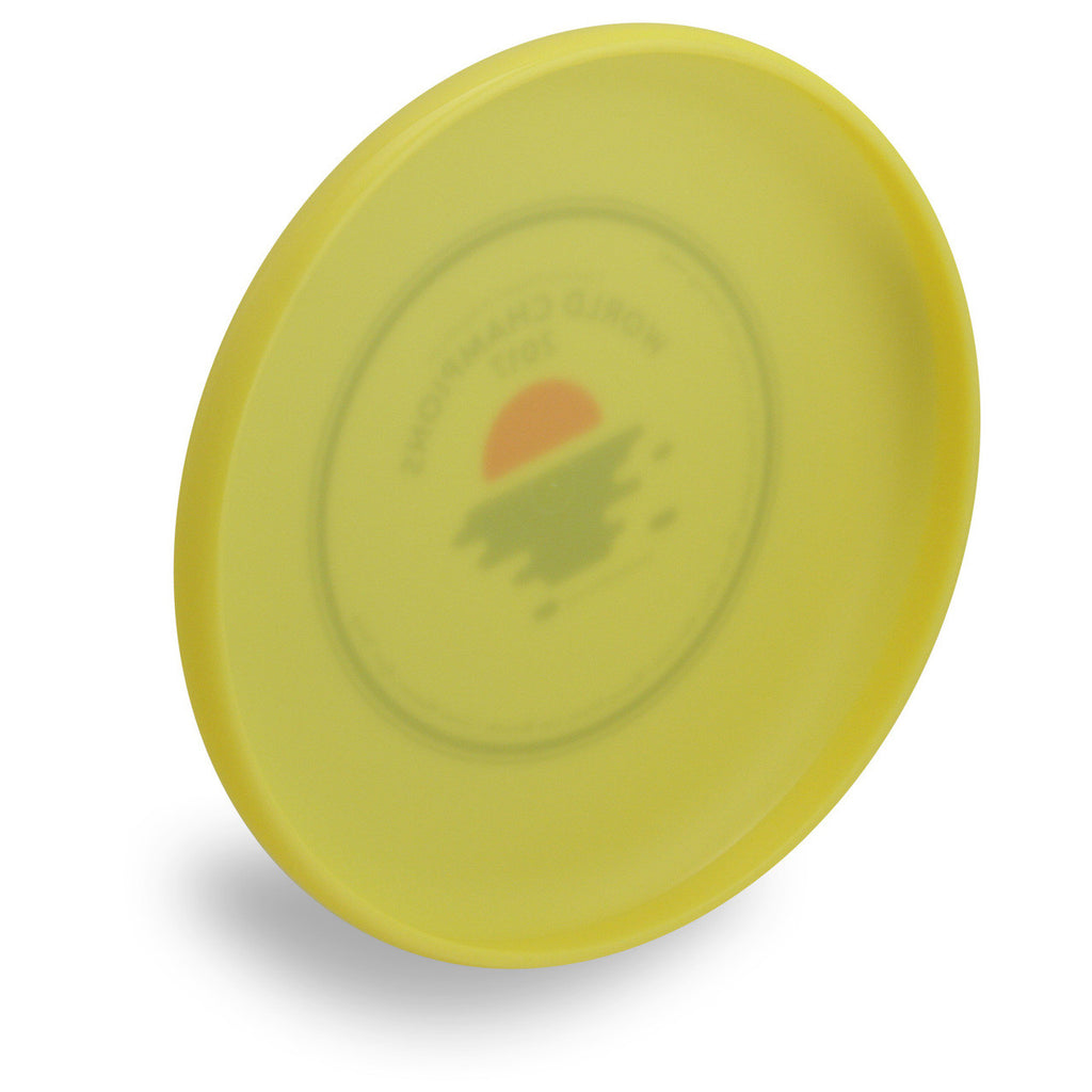 Wham-O 100 Mold FPA 2018 Design. Shows angled bottom view of a yellow disc.