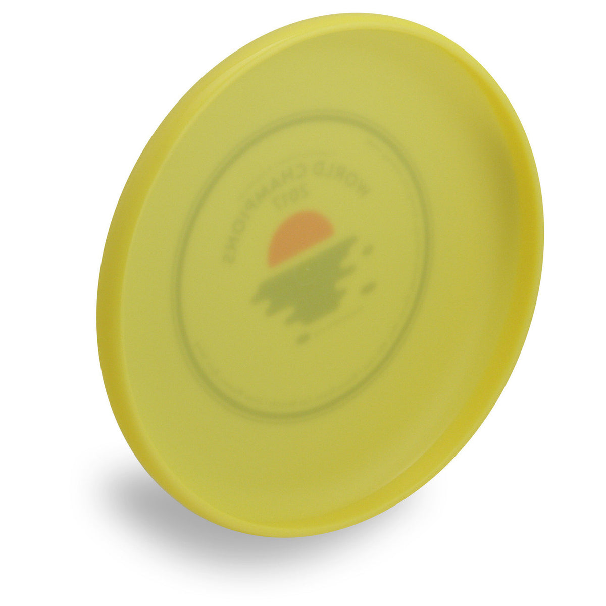 Wham-O 100 Mold FPA 2018 Design. Shows angled bottom view of a yellow disc.