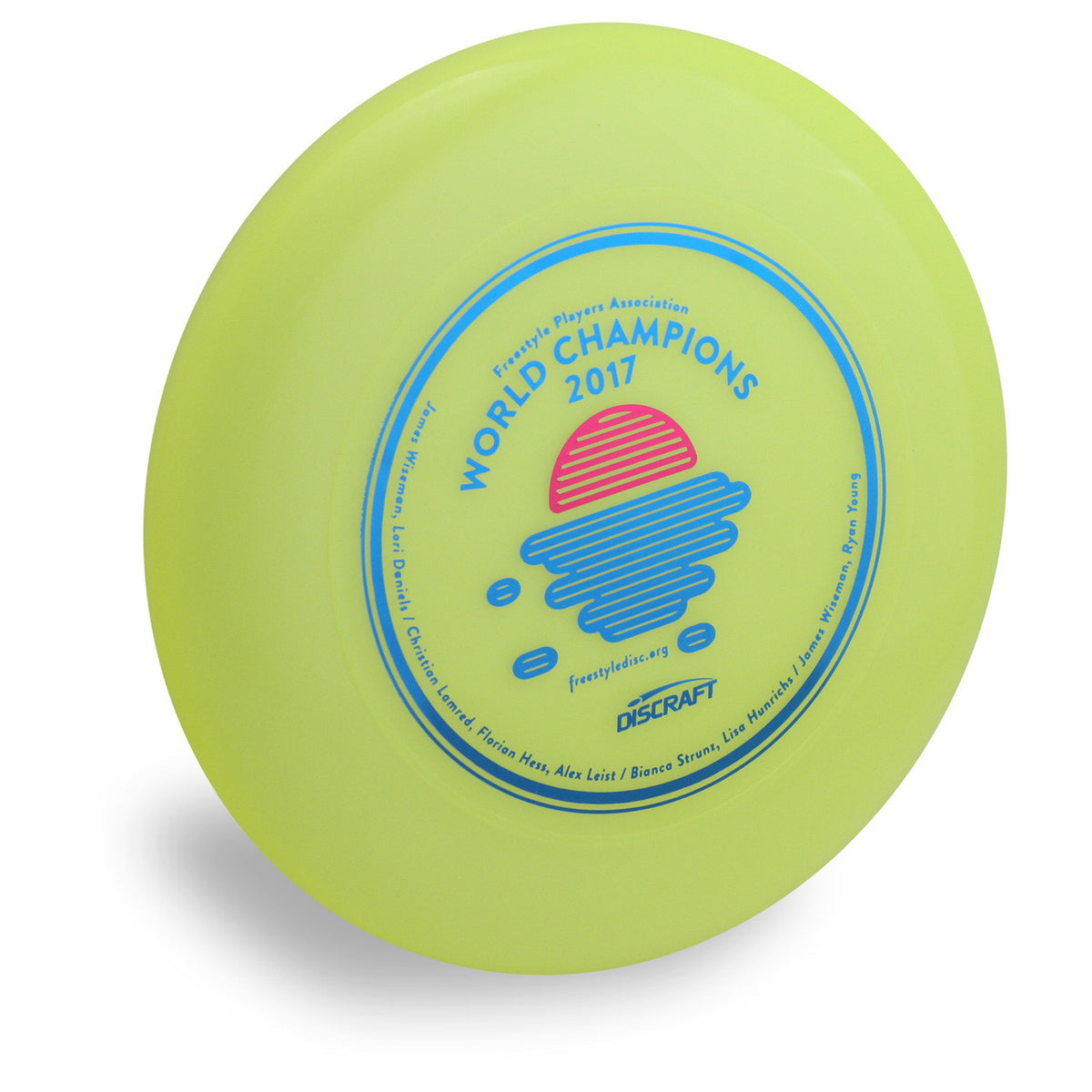 Discraft Sky-Styler FPA 2019 Design. Angled top view of yellow disc.